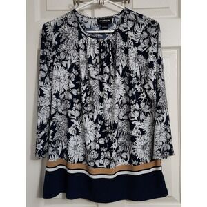 Liz‎ Claiborne Career Floral Print Navy Blue White Long Sleeve Tunic Top L D60